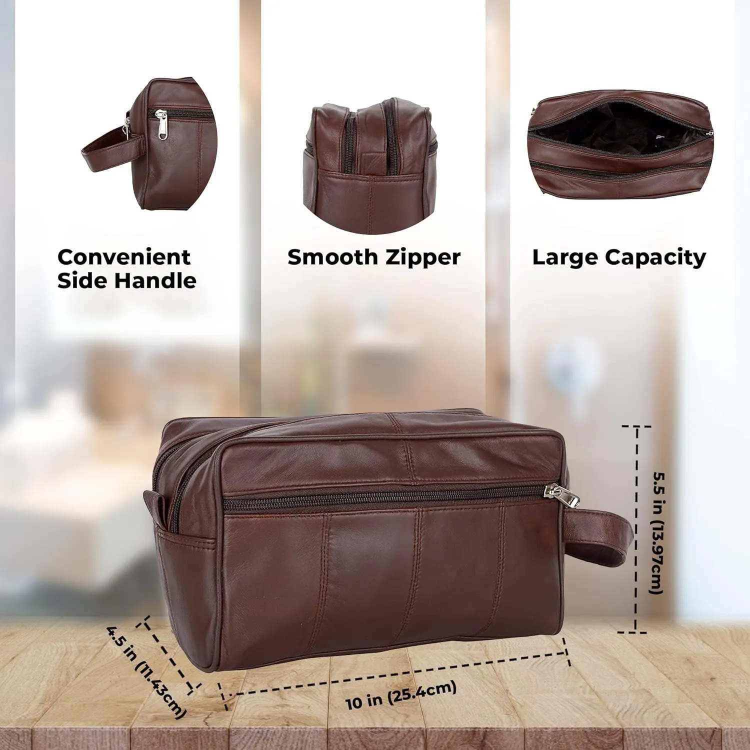 Liberty Leather Brown Deluxe Sheep Napa Leather for Men and Women Toiletry Travel Bag with Double Zipper Bathroom Organizer Shaving Kit Portable Cosmetic Case