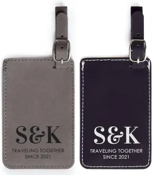 Lifetime Creations Pair (2) Personalized Traveling Together Initials Luggage Tags Pair (Black & Gray) - Custom Anniversary Vegan Leather Luggage Tag Traveling Gift with Initials
