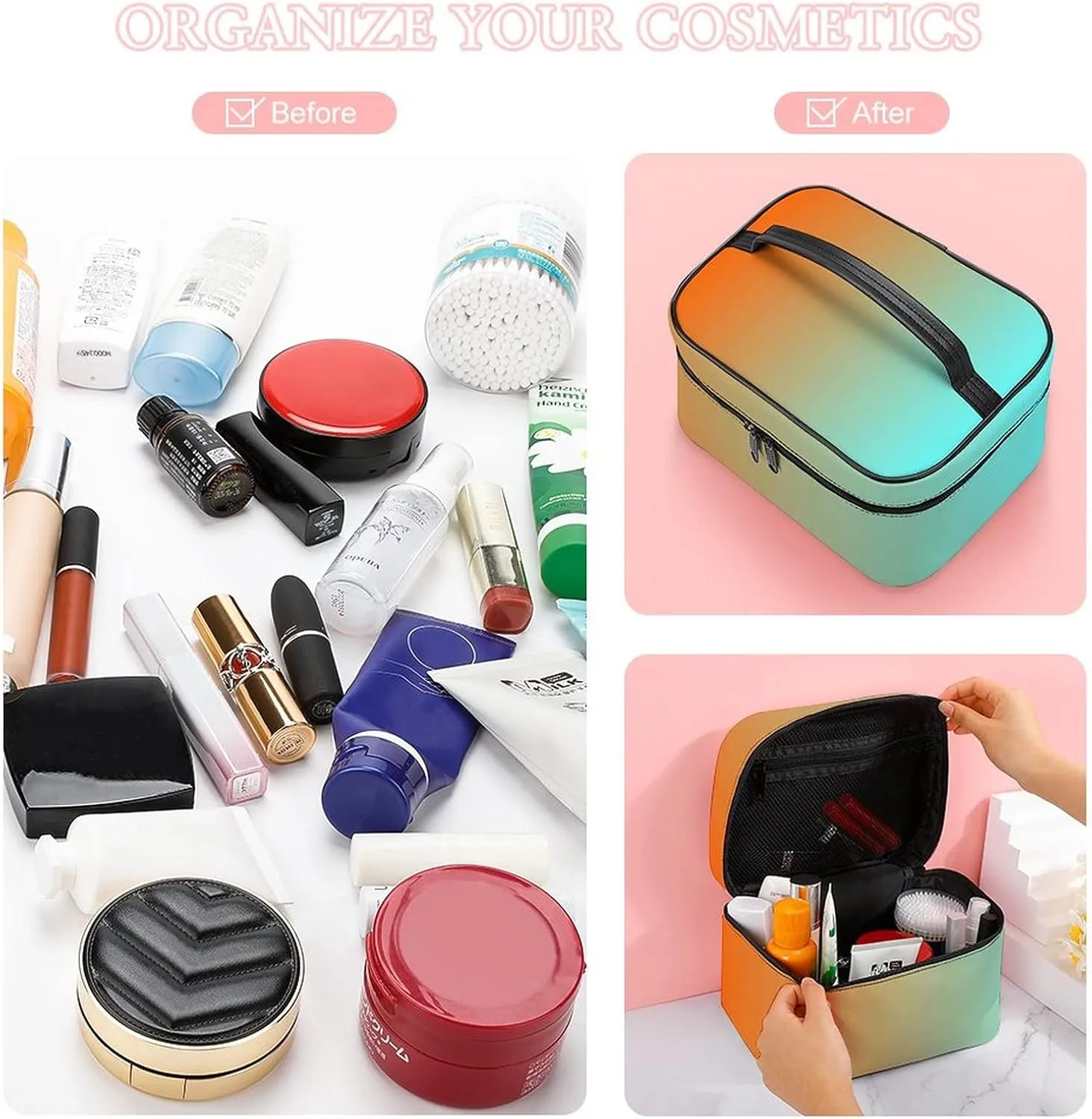 Light Aqua Orange Gradient Cosmetic Bag, Travel Portable Makeup Bag for Purse Pouch Beauty Zipper Organizer Toiletry Bag for Women