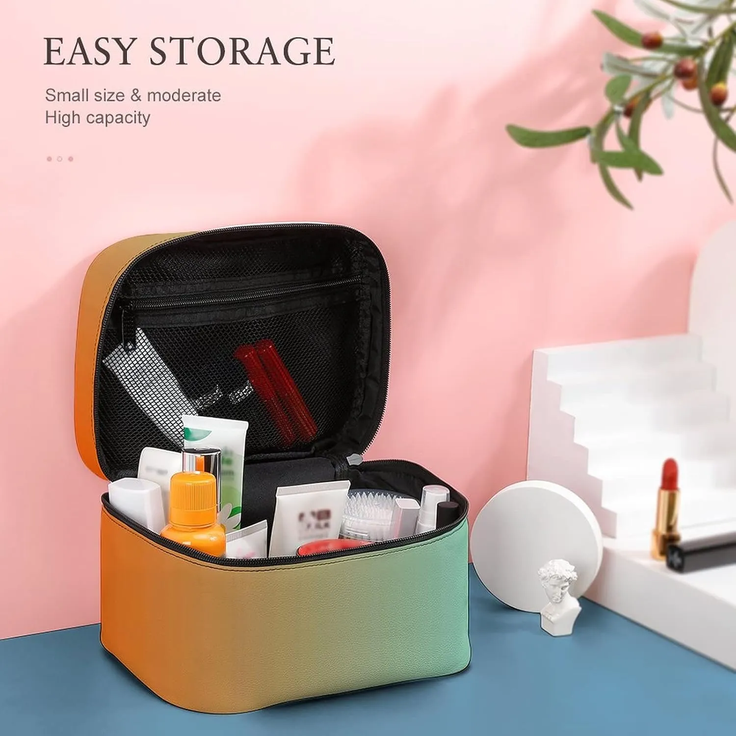 Light Aqua Orange Gradient Cosmetic Bag, Travel Portable Makeup Bag for Purse Pouch Beauty Zipper Organizer Toiletry Bag for Women