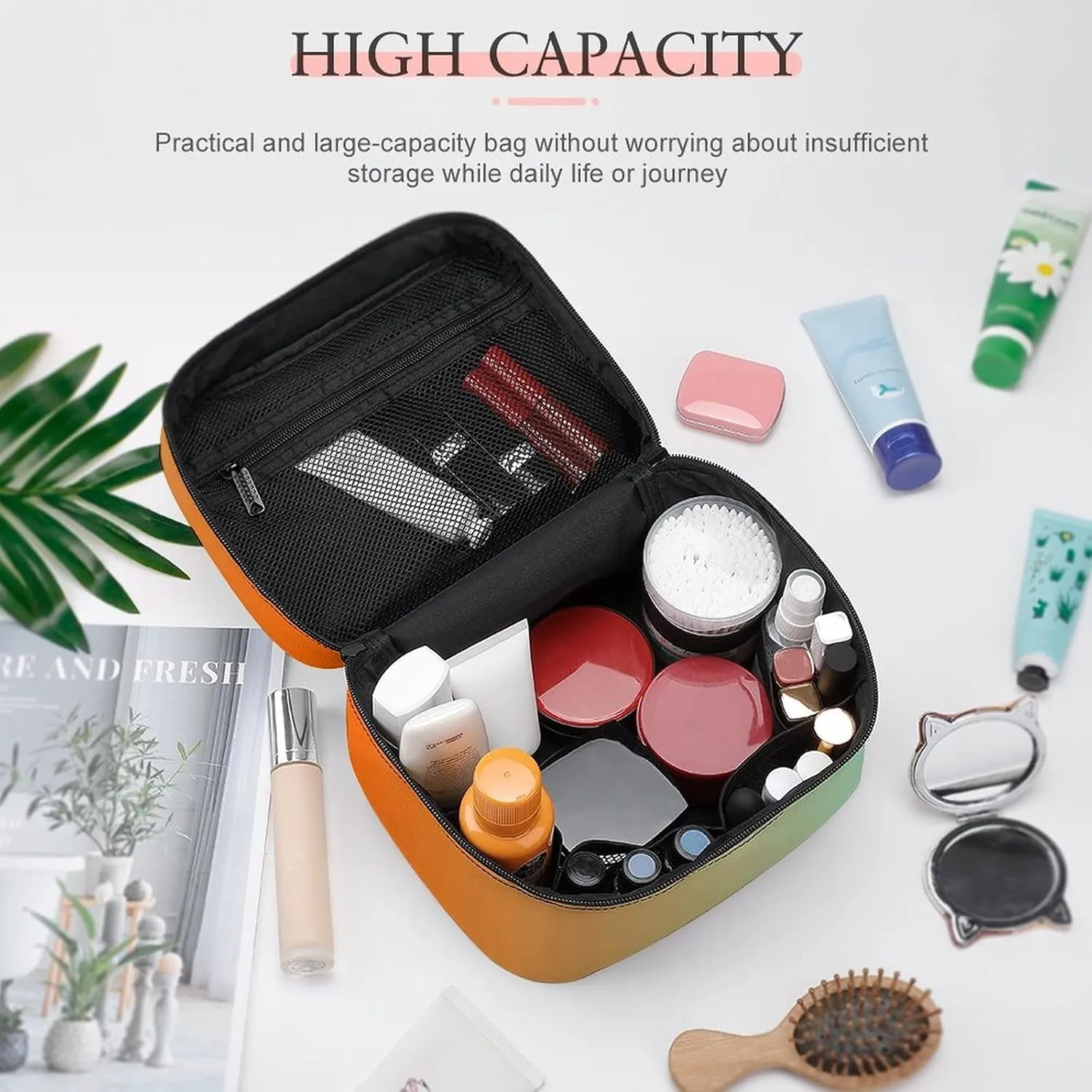 Light Aqua Orange Gradient Cosmetic Bag, Travel Portable Makeup Bag for Purse Pouch Beauty Zipper Organizer Toiletry Bag for Women