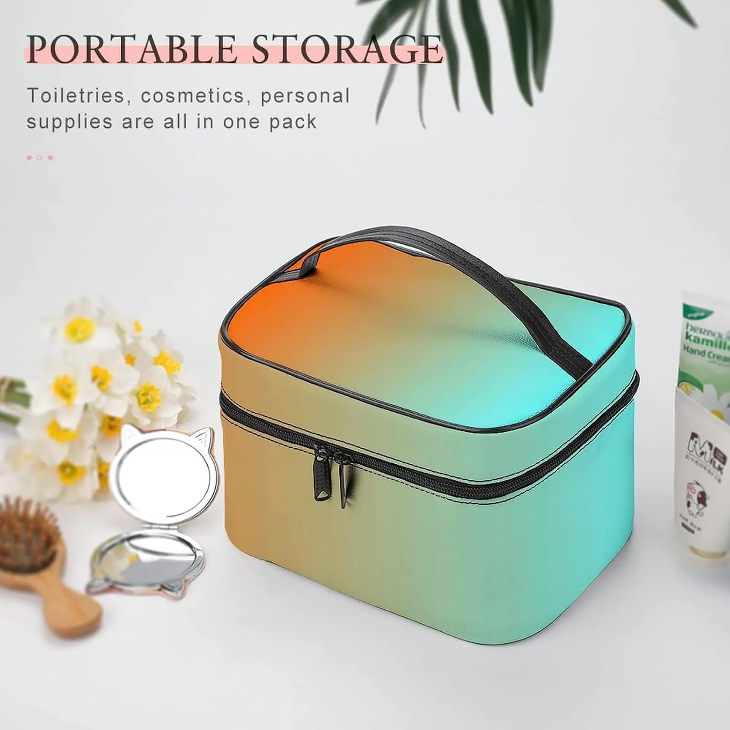 Light Aqua Orange Gradient Cosmetic Bag, Travel Portable Makeup Bag for Purse Pouch Beauty Zipper Organizer Toiletry Bag for Women