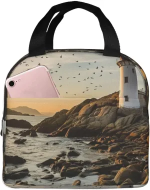 Lighthouse And Gull Print Portable Lunch Tote Bag Reusable Lunch Box For Men Or Women Perfect For Office/Picnic/Travel