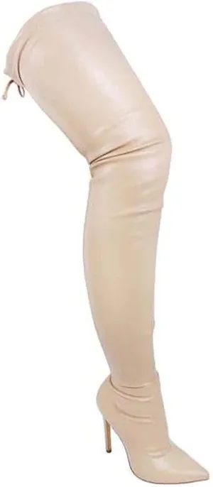 Liliana Women Faux Leather Pointy Toe Thigh High Single Sole Stiletto Boot