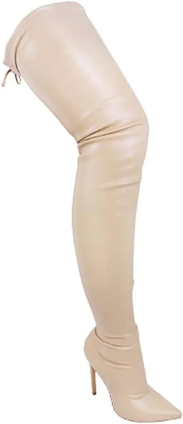Liliana Women Faux Leather Pointy Toe Thigh High Single Sole Stiletto Boot