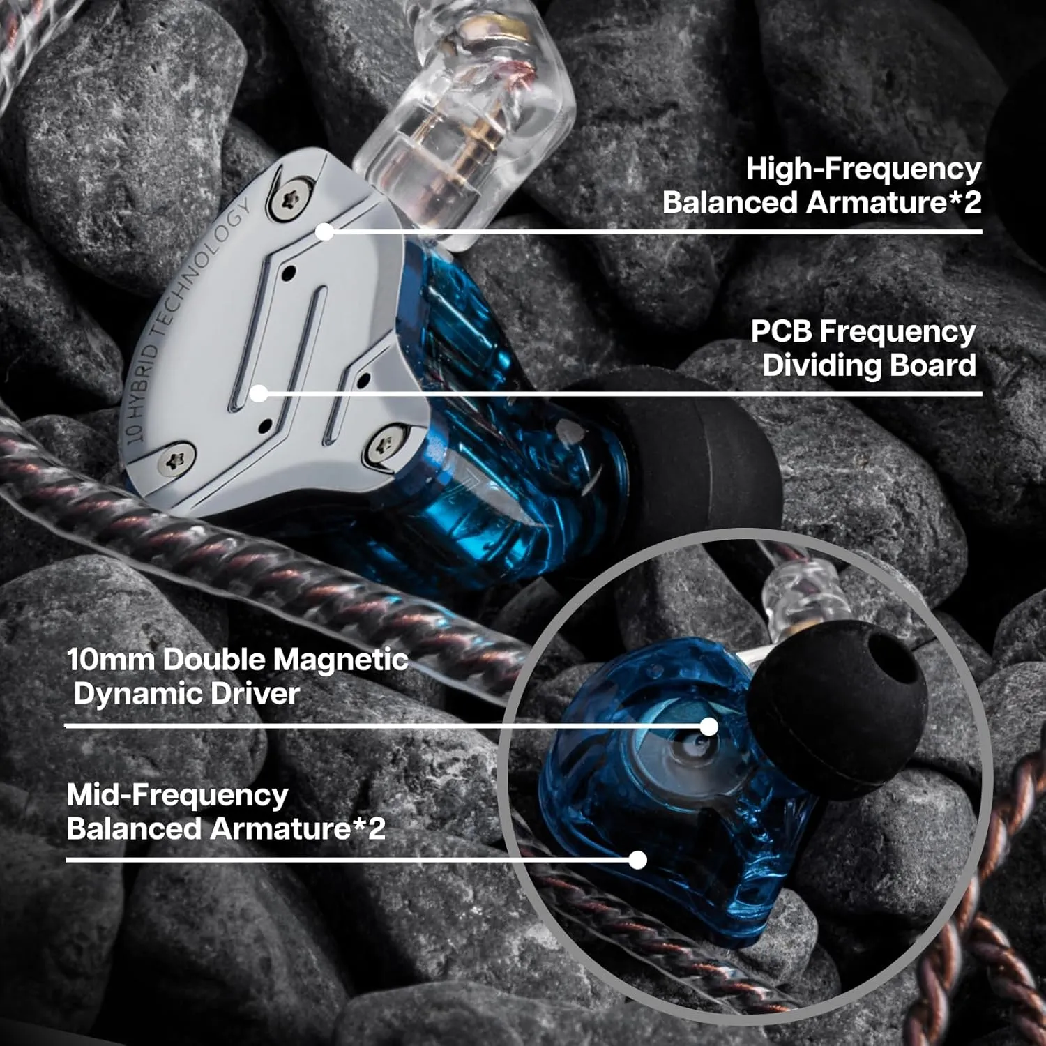 Linsoul KZ ZS10 Pro, 4BA 1DD 5 Driver in Ear Monitor, HiFi Wired Earbuds, Gaming Earbuds, Hybrid IEM Earphones with Stainless Steel Faceplate, Detachable Cable for Musician(Without Mic, Blue)