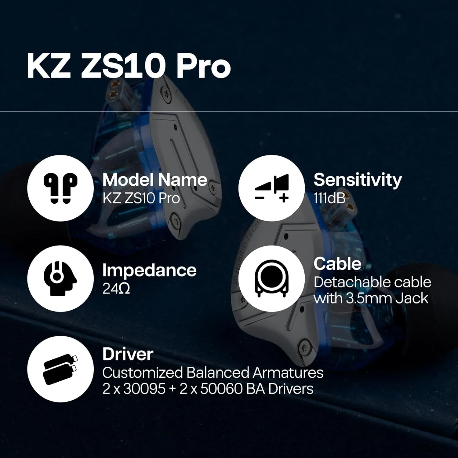 Linsoul KZ ZS10 Pro, 4BA 1DD 5 Driver in Ear Monitor, HiFi Wired Earbuds, Gaming Earbuds, Hybrid IEM Earphones with Stainless Steel Faceplate, Detachable Cable for Musician(Without Mic, Blue)