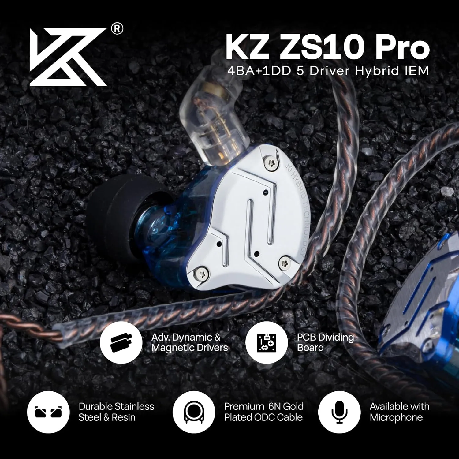 Linsoul KZ ZS10 Pro, 4BA 1DD 5 Driver in Ear Monitor, HiFi Wired Earbuds, Gaming Earbuds, Hybrid IEM Earphones with Stainless Steel Faceplate, Detachable Cable for Musician(Without Mic, Blue)