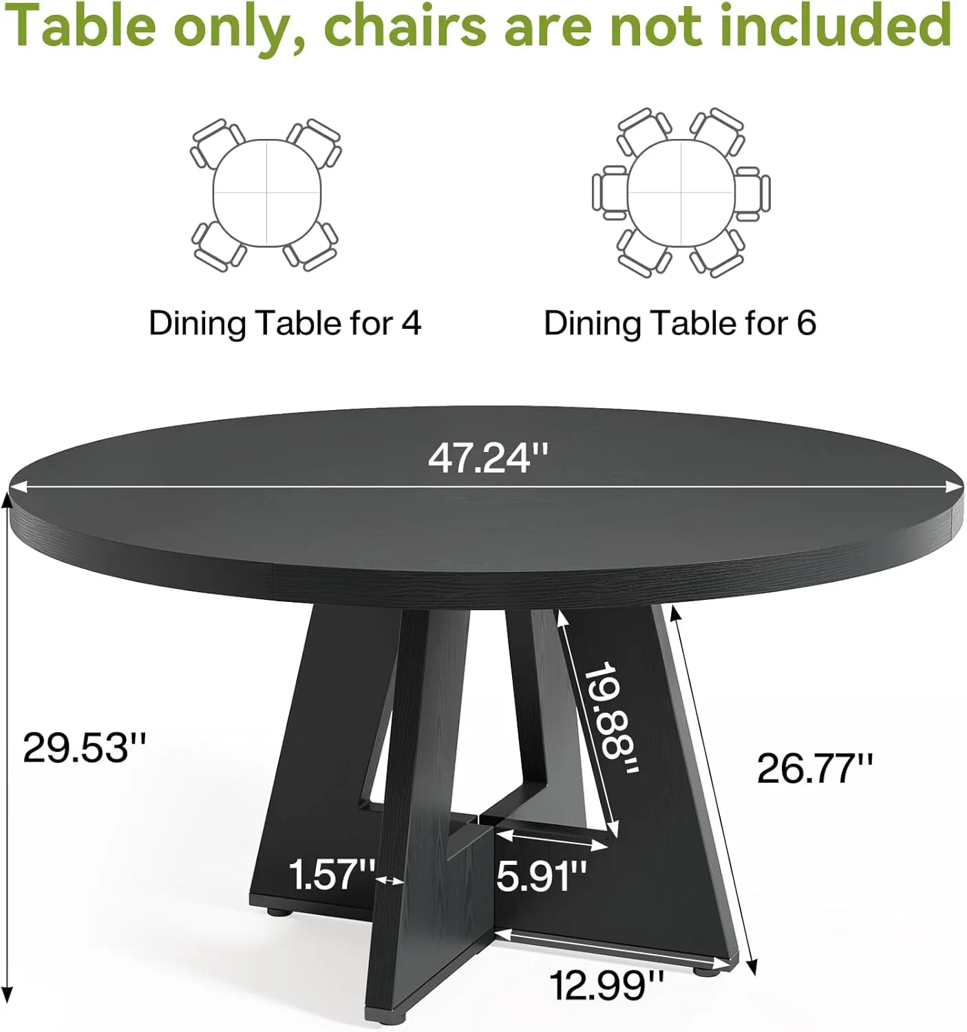 Little Tree Round Dining Table for 4-6 People, 47 Inches Dining Room Table with Wooden Pedestal Base, Black Dinner Table, Circle Kitchen Table for Dining Room, Kitchen, Living Room(Table Only)