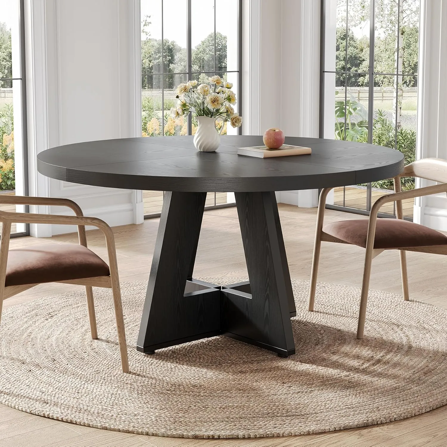 Little Tree Round Dining Table for 4-6 People, 47 Inches Dining Room Table with Wooden Pedestal Base, Black Dinner Table, Circle Kitchen Table for Dining Room, Kitchen, Living Room(Table Only)