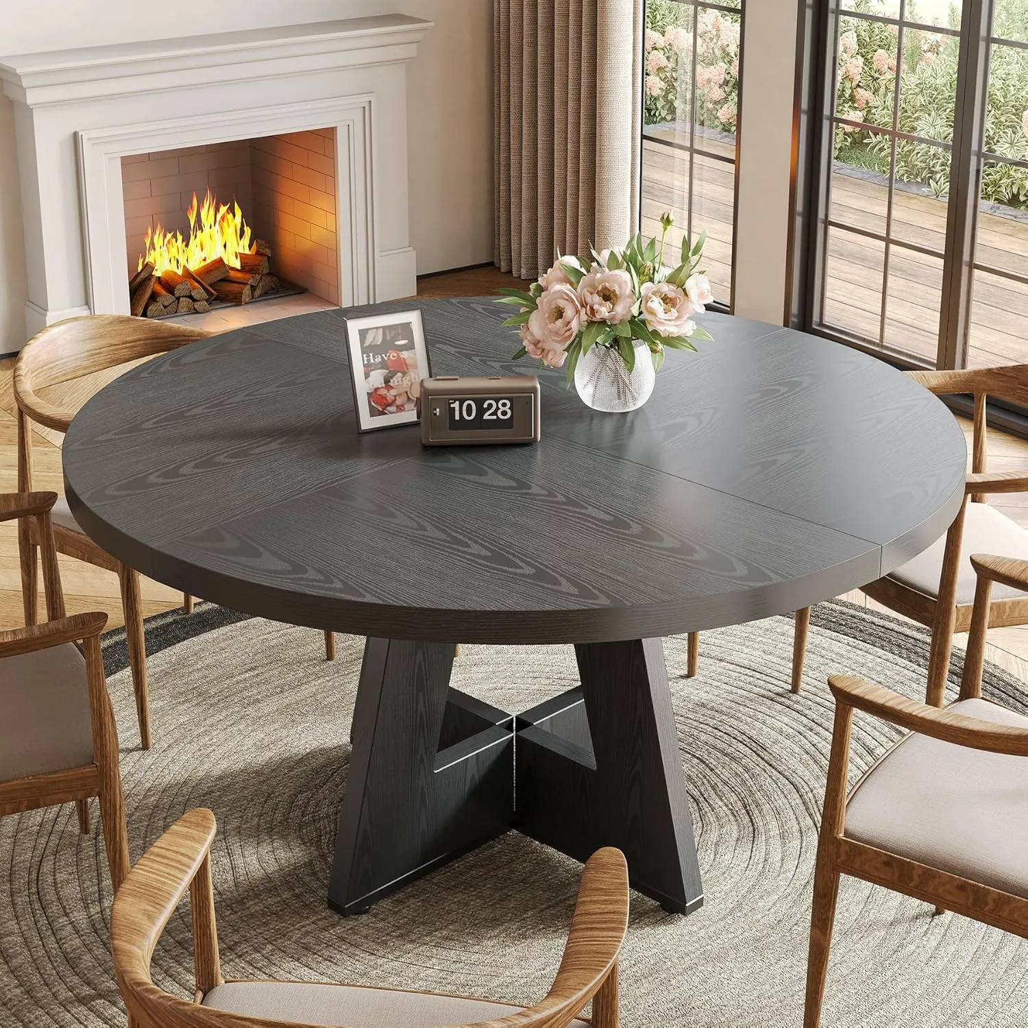 Little Tree Round Dining Table for 4-6 People, 47 Inches Dining Room Table with Wooden Pedestal Base, Black Dinner Table, Circle Kitchen Table for Dining Room, Kitchen, Living Room(Table Only)