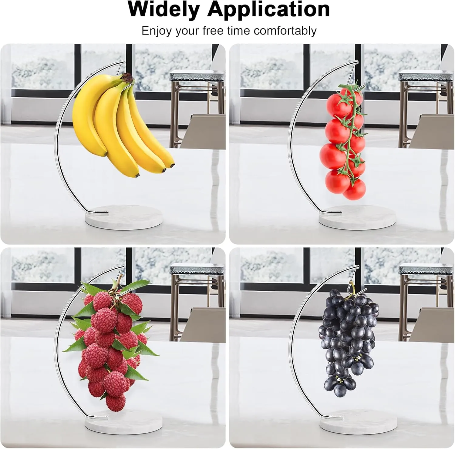 Livabber Banana Holder with Marble Base, Metal Banana Hanger Modern Tree Stand with Hook, Stylish Banana Keeper Fresh Fruit Storage Organizer Freestanding for Kitchen Countertop (Chrome, Single Hook)