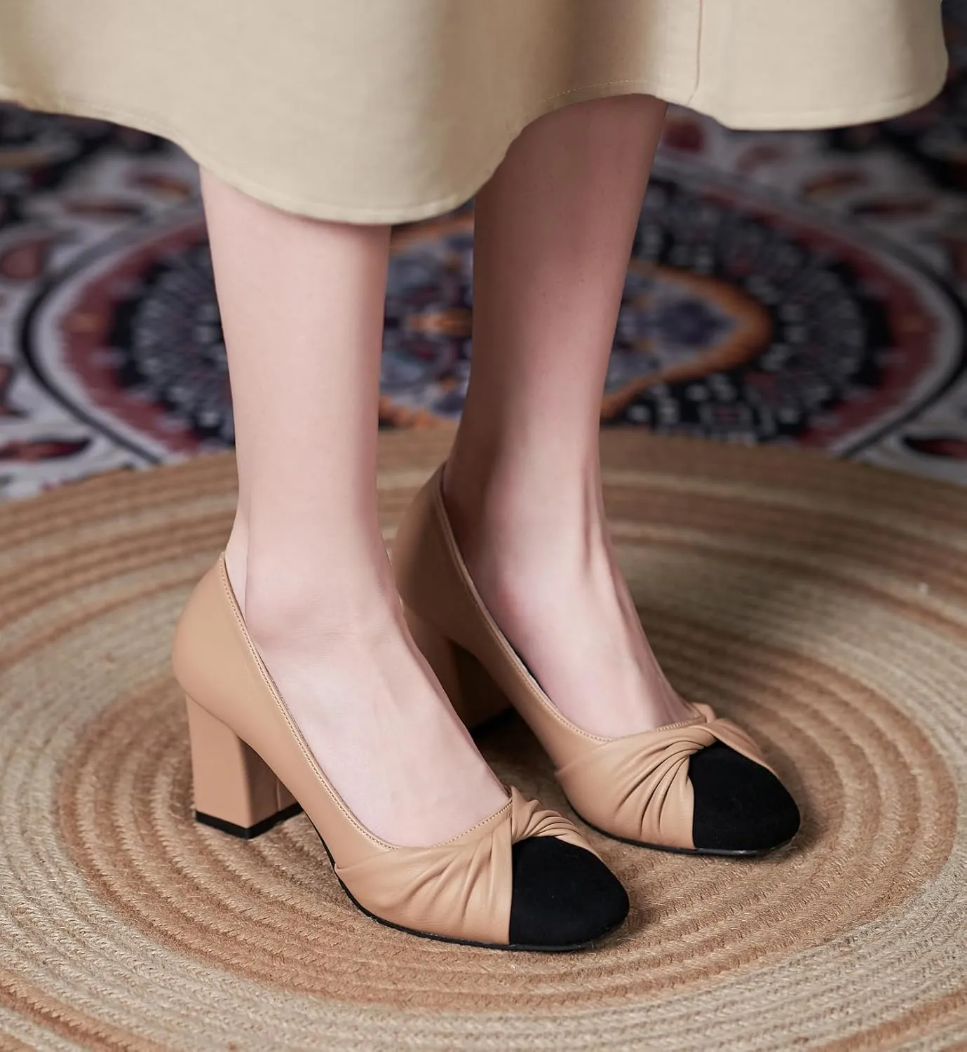 LizFoYa Women Leather Office Wear Suit Formal Pumps Shoes Pleated Almond Toe Slid Daily Block Heels