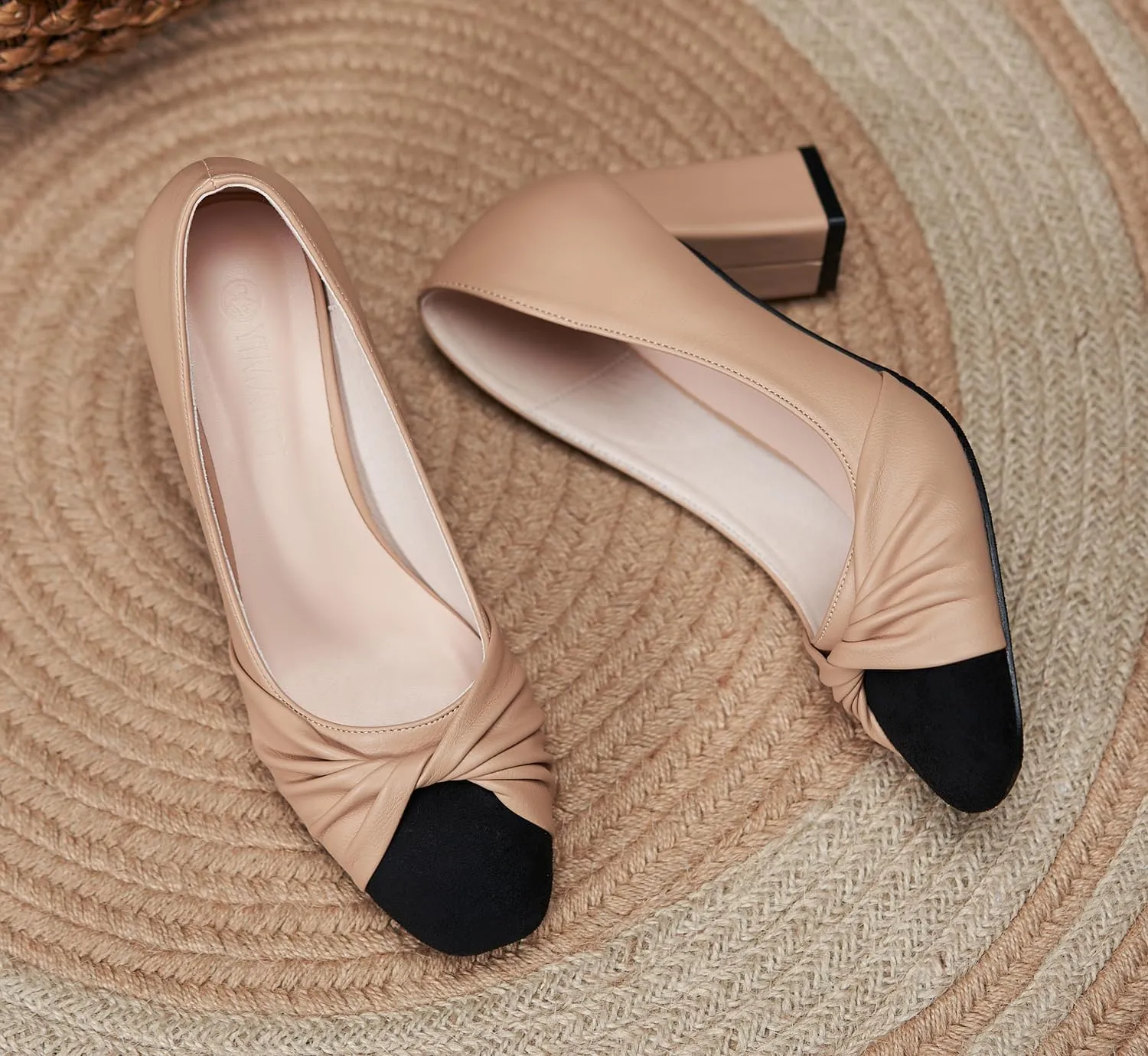 LizFoYa Women Leather Office Wear Suit Formal Pumps Shoes Pleated Almond Toe Slid Daily Block Heels