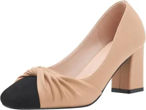 LizFoYa Women Leather Office Wear Suit Formal Pumps Shoes Pleated Almond Toe Slid Daily Block Heels