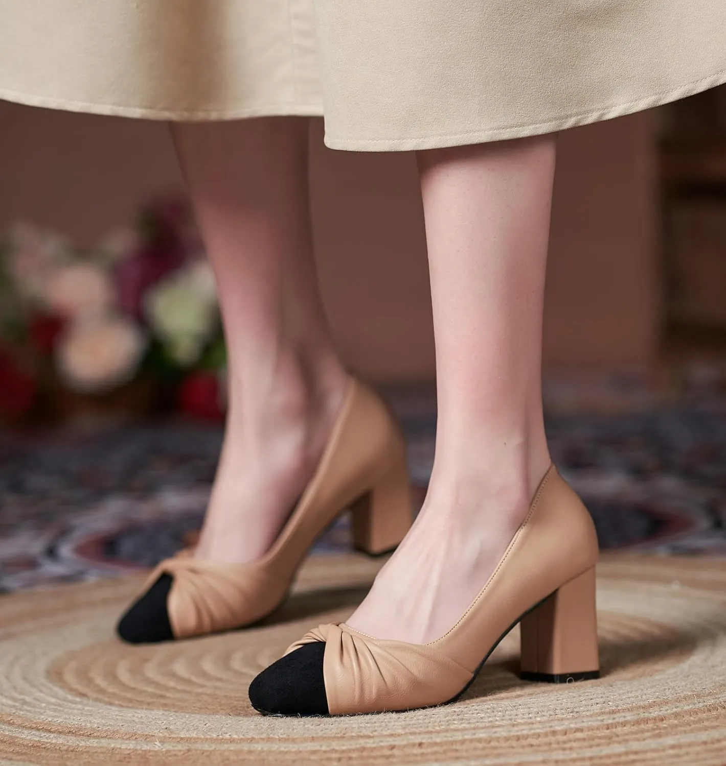 LizFoYa Women Leather Office Wear Suit Formal Pumps Shoes Pleated Almond Toe Slid Daily Block Heels