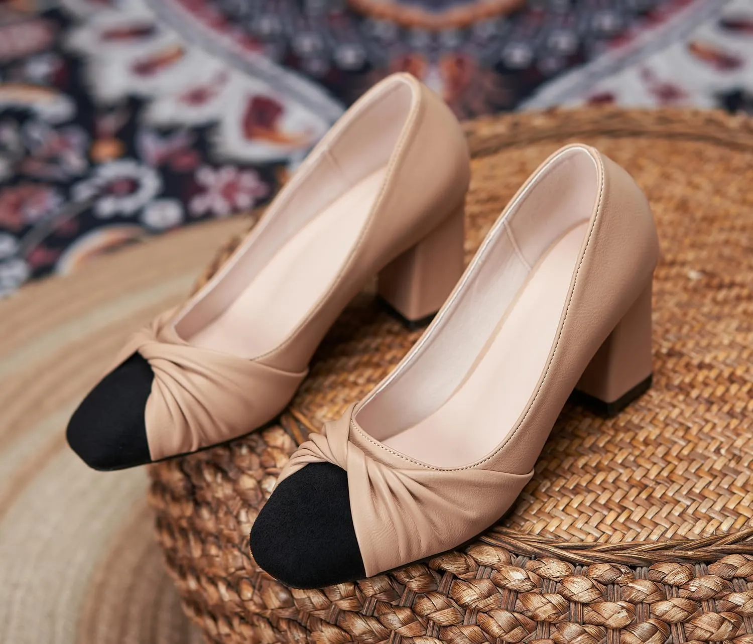 LizFoYa Women Leather Office Wear Suit Formal Pumps Shoes Pleated Almond Toe Slid Daily Block Heels