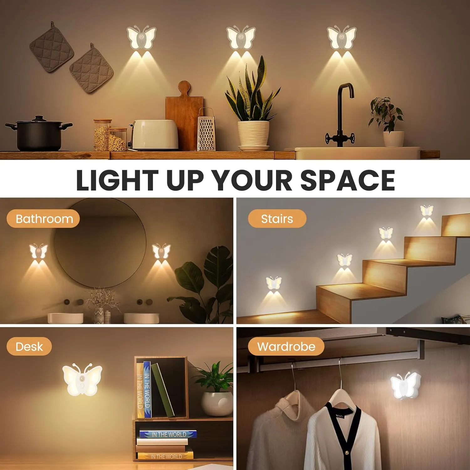 LOFTEK Motion Sensor Night Light, Rechargeable Stair Lights, Wireless with Magnetic Stick on Wall Light for Hallway, Bathroom, Bedroom, Kitchen, Portable for Outdoor Camping, Warm White, 4 Pack