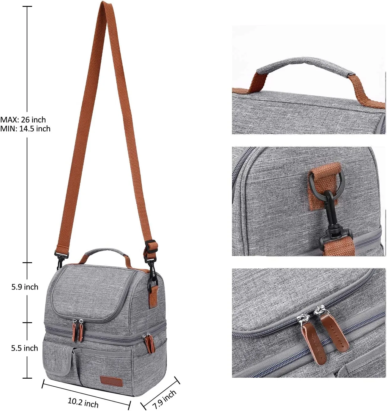 LOKASS Lunch Bag Double Deck Insulated Lunch Box Large Cooler Tote Bag with Removable Shoulder Strap Wide Open Thermal Meal Prep Lunch Organizer Box for Men/Women/Adults/Work/Outdoor, Gray