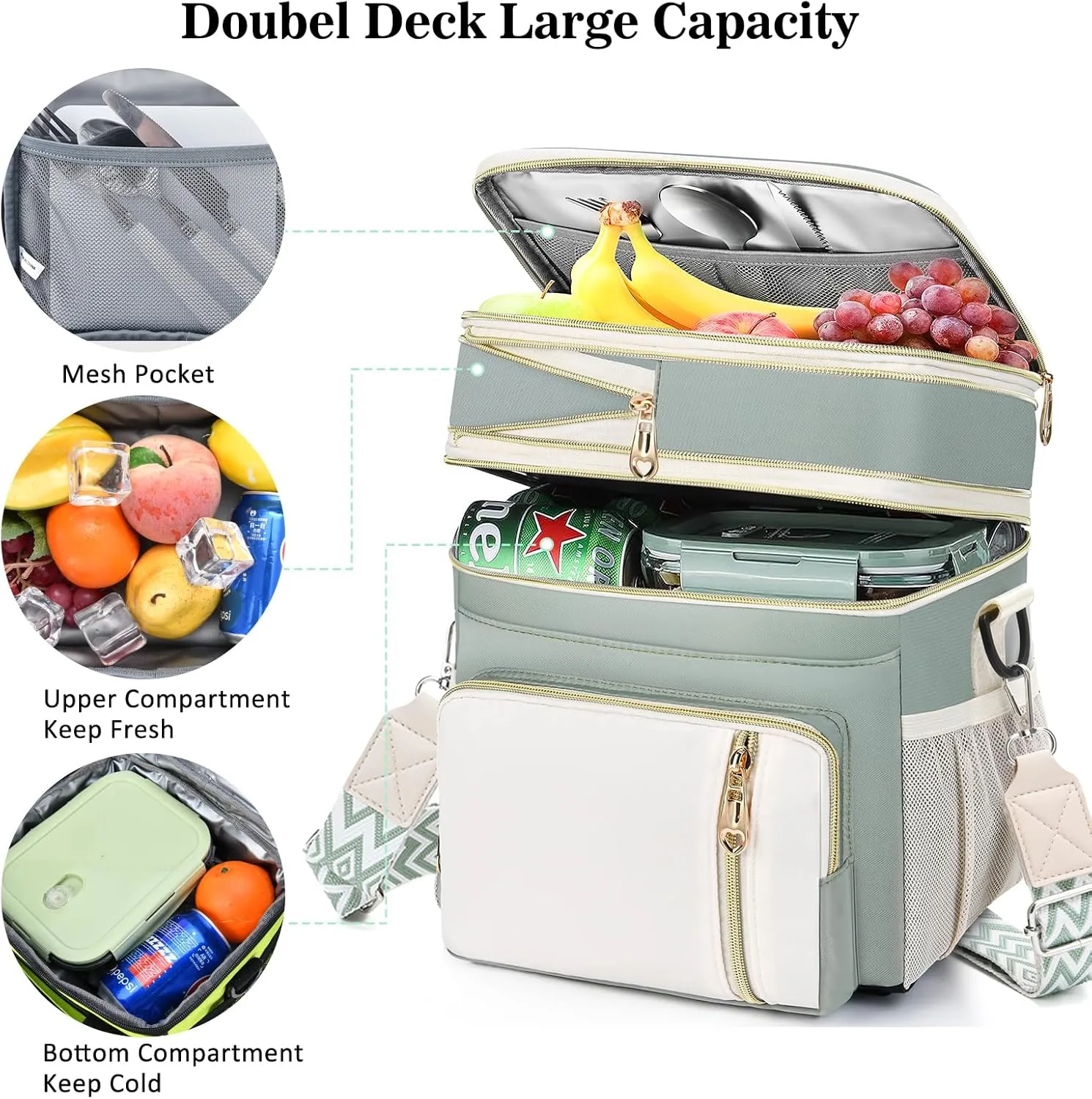LOKASS Lunch Box for Women-16L-Insulated Lunch Bag Women, Expandable Double-layer Leakproof Cooler Bag with Upgrade Adjustable Shoulder Strap Ideal for Work/Travel/Picnics（Olive Green）