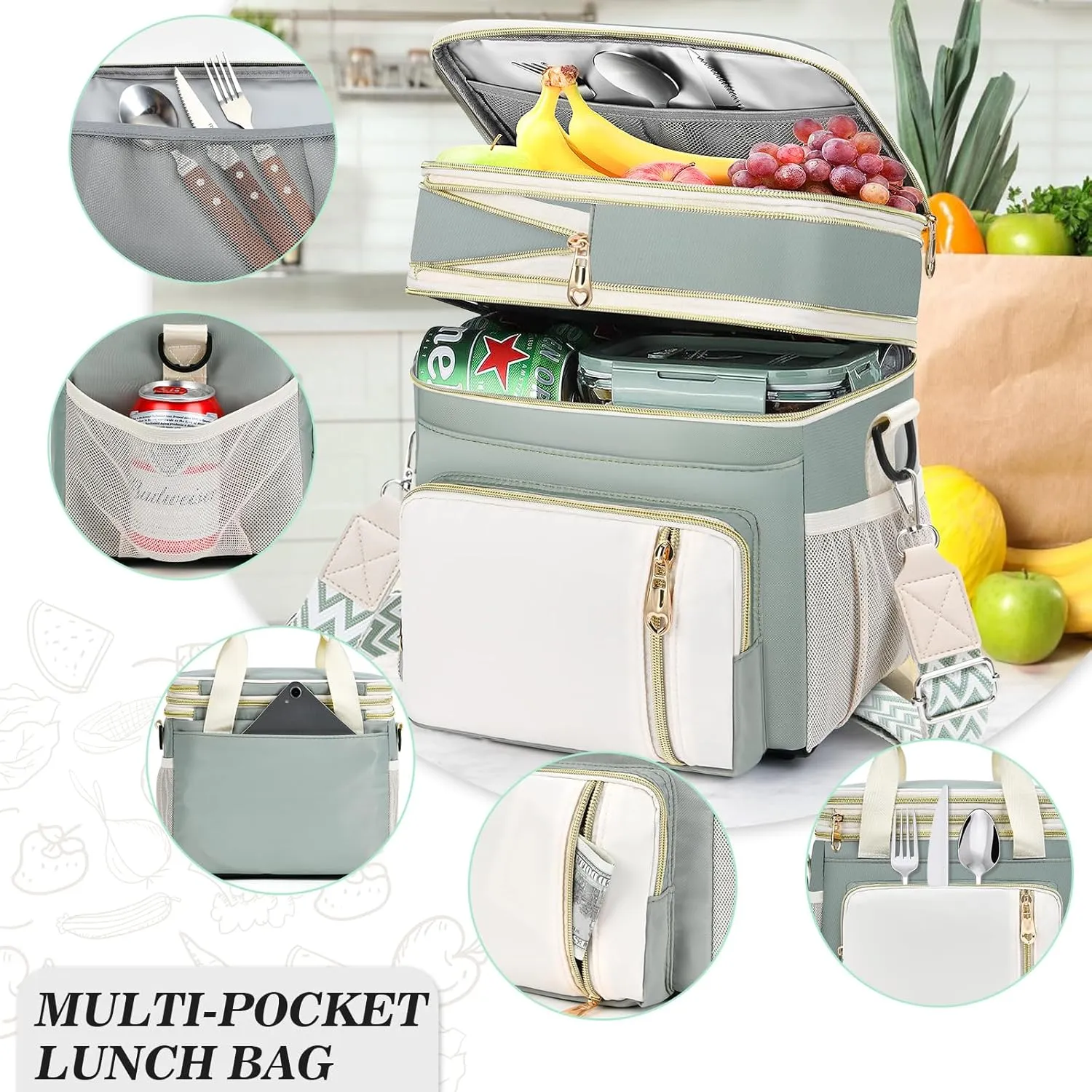 LOKASS Lunch Box for Women-16L-Insulated Lunch Bag Women, Expandable Double-layer Leakproof Cooler Bag with Upgrade Adjustable Shoulder Strap Ideal for Work/Travel/Picnics（Olive Green）