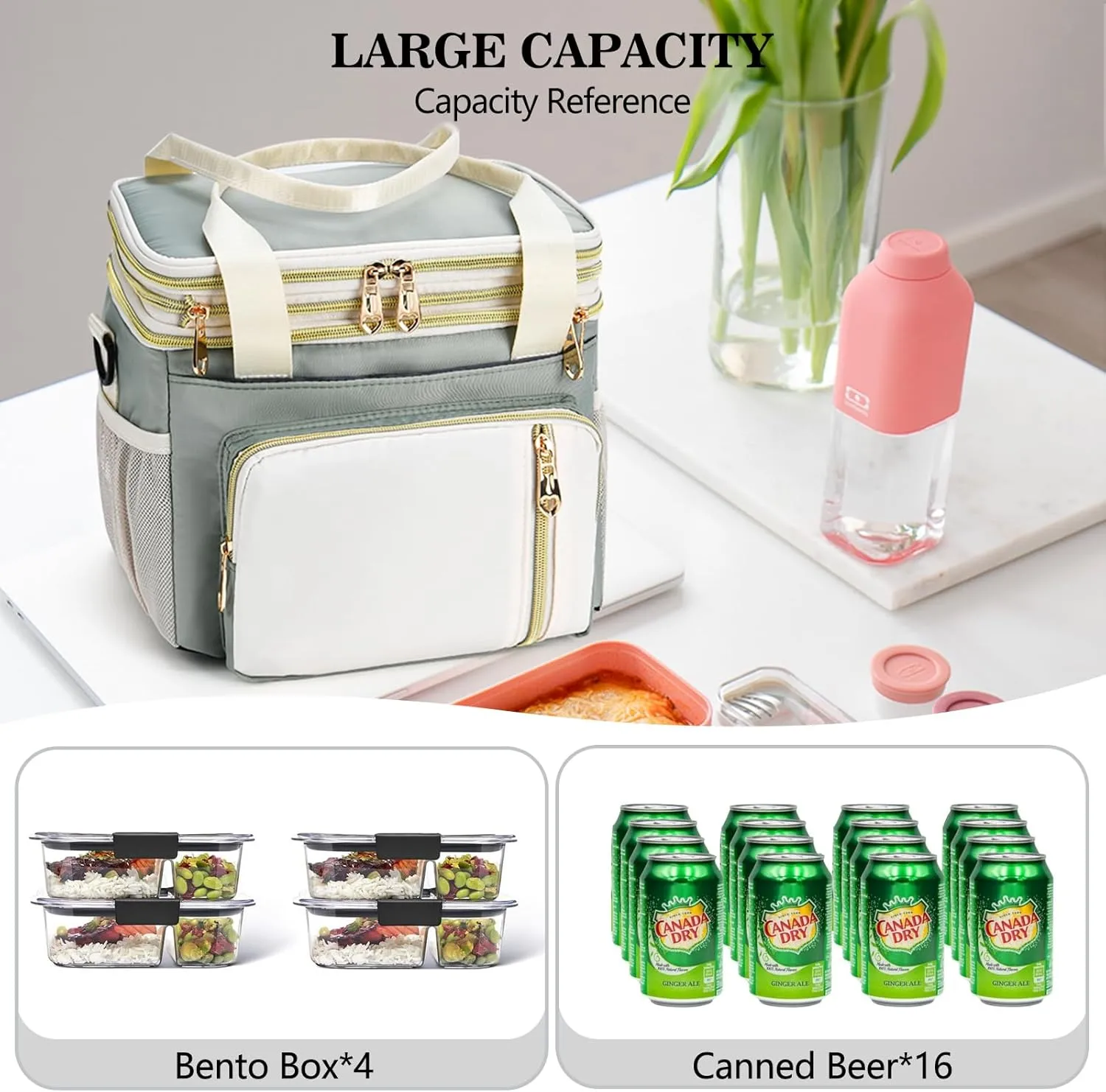 LOKASS Lunch Box for Women-16L-Insulated Lunch Bag Women, Expandable Double-layer Leakproof Cooler Bag with Upgrade Adjustable Shoulder Strap Ideal for Work/Travel/Picnics（Olive Green）