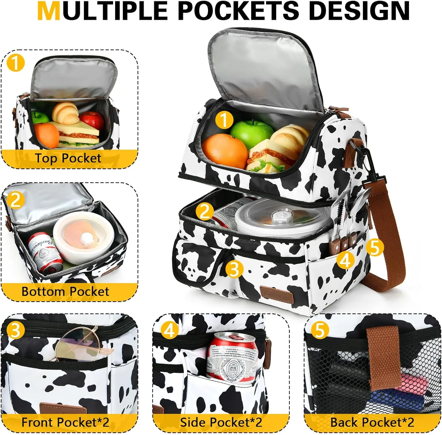 LOKASS Lunch Box for Women-Double Deck Insulated Adults Lunch Bag with Removable Shoulder Strap-Cow Print Cute Wide Open Lunch Tote for Work/Office/Picnic/Beach/Travel