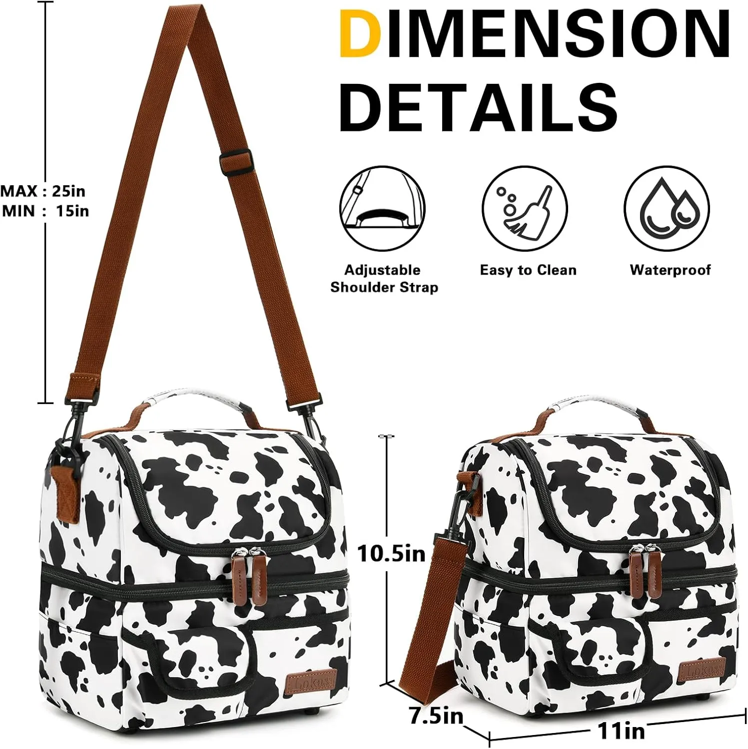LOKASS Lunch Box for Women-Double Deck Insulated Adults Lunch Bag with Removable Shoulder Strap-Cow Print Cute Wide Open Lunch Tote for Work/Office/Picnic/Beach/Travel