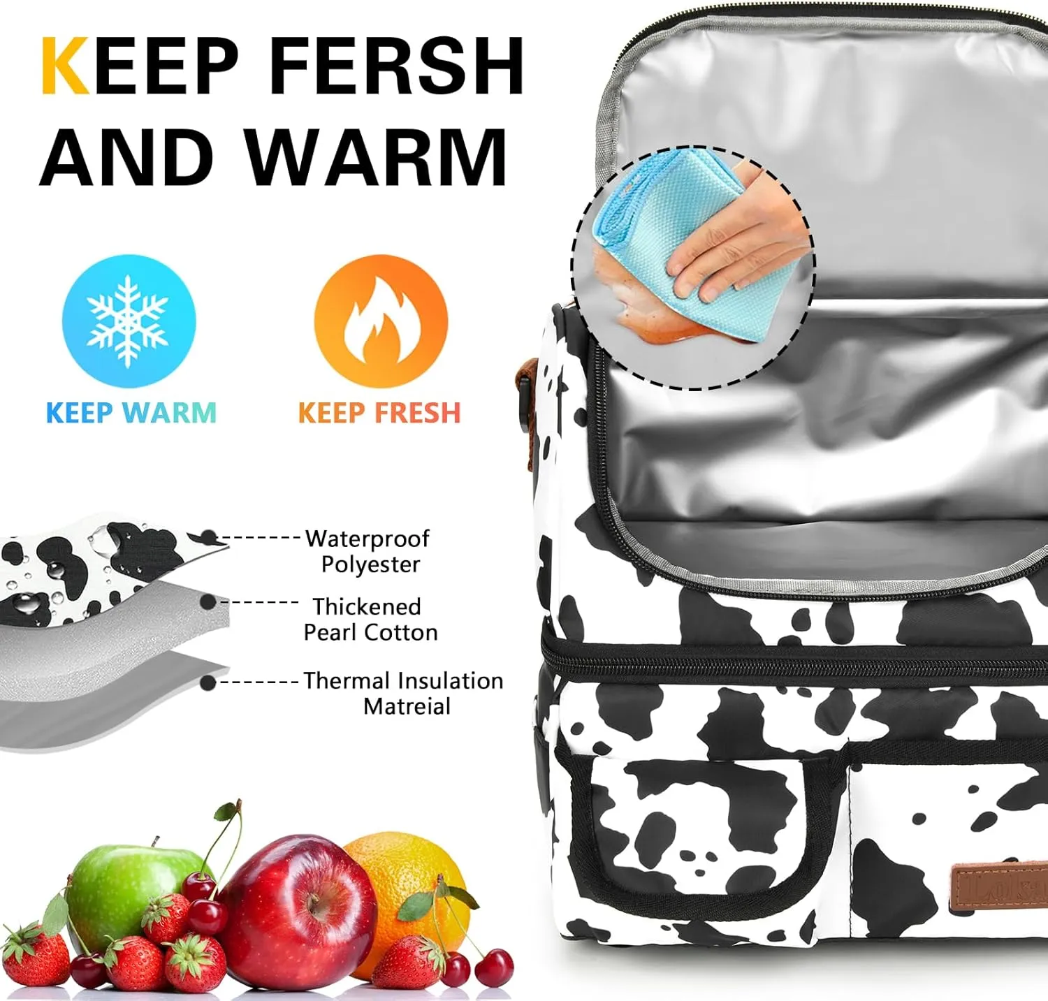 LOKASS Lunch Box for Women-Double Deck Insulated Adults Lunch Bag with Removable Shoulder Strap-Cow Print Cute Wide Open Lunch Tote for Work/Office/Picnic/Beach/Travel