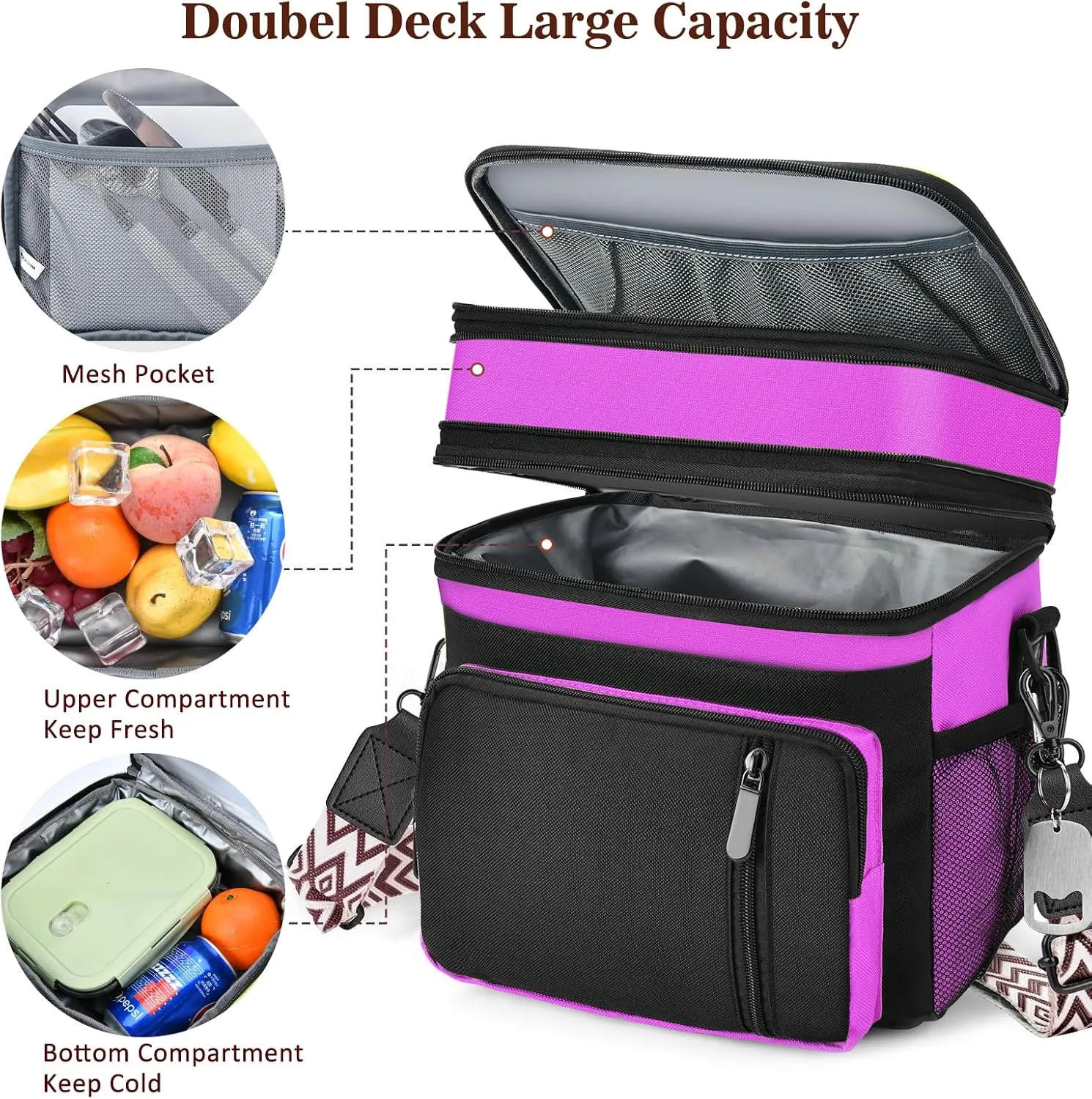 LOKASS Lunch Box for Women/Men-16L-Insulated Lunch Bag, Expandable Double-layer Leakproof Cooler Bag with Upgrade Adjustable Shoulder Strap Ideal for Work/Travel/Picnics（Hot Pink）