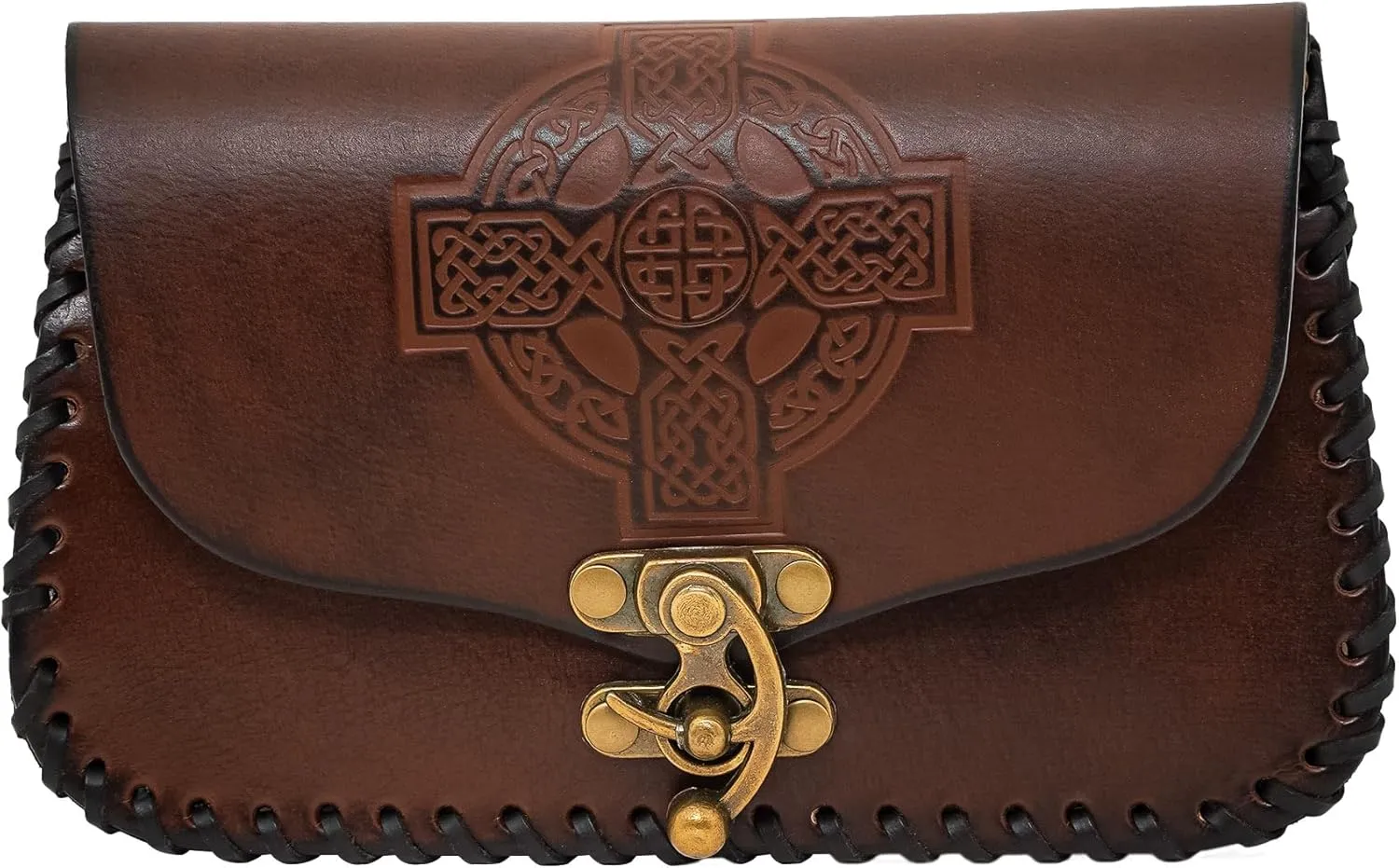 Lord of Battles Genuine Leather Bag Celtic Cross Design Belt Pouch Costume Accessories Viking Belt Coin Bag for Larp, Ren Faire, Halloween (Brown)