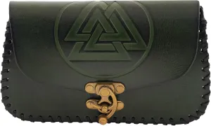 Lord of Battles Genuine Leather Bag Viking Valknut Style Waist Bag Costume Accessories Pouch Viking Coin Bag for Larp, Ren Faire, Halloween (Green)