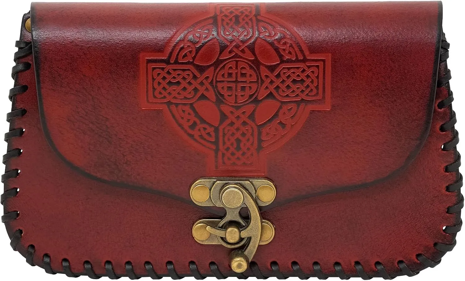 Lord of Battles Genuine Leather Belt Pouch with Celtic Cross Design, Viking Coin Bag for LARP, Renaissance Faire, Halloween, Costume Accessories (Maroon)