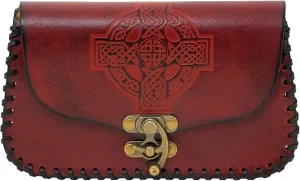Lord of Battles Genuine Leather Belt Pouch with Celtic Cross Design, Viking Coin Bag for LARP, Renaissance Faire, Halloween, Costume Accessories (Maroon)