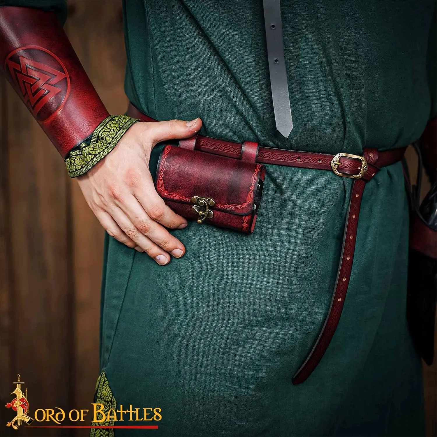 Lord of Battles Medieval Alchemy Buff Leather Belt Bag with 4 Mini Glass Bottles | The Elfic Potion Vintage Belt Waist Pouch Side Pack for Ren Faire, Cosplay (Maroon)
