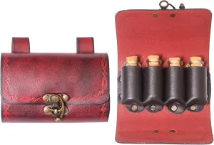 Lord of Battles Medieval Alchemy Buff Leather Belt Bag with 4 Mini Glass Bottles | The Elfic Potion Vintage Belt Waist Pouch Side Pack for Ren Faire, Cosplay (Maroon)
