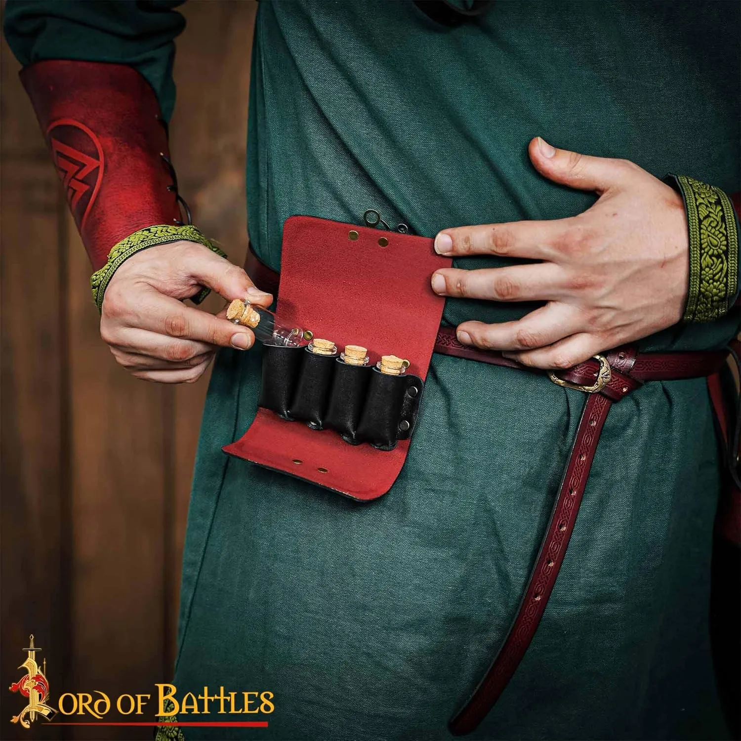 Lord of Battles Medieval Alchemy Buff Leather Belt Bag with 4 Mini Glass Bottles | The Elfic Potion Vintage Belt Waist Pouch Side Pack for Ren Faire, Cosplay (Maroon)