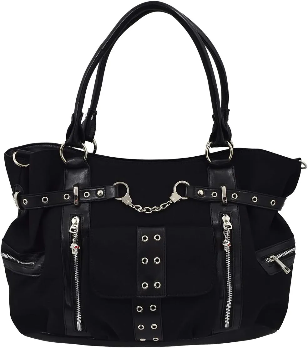 Lost Queen Rise Up Handcuff Goth Punk Rock Black Tote Crossbody Bag Women's 19" Purse