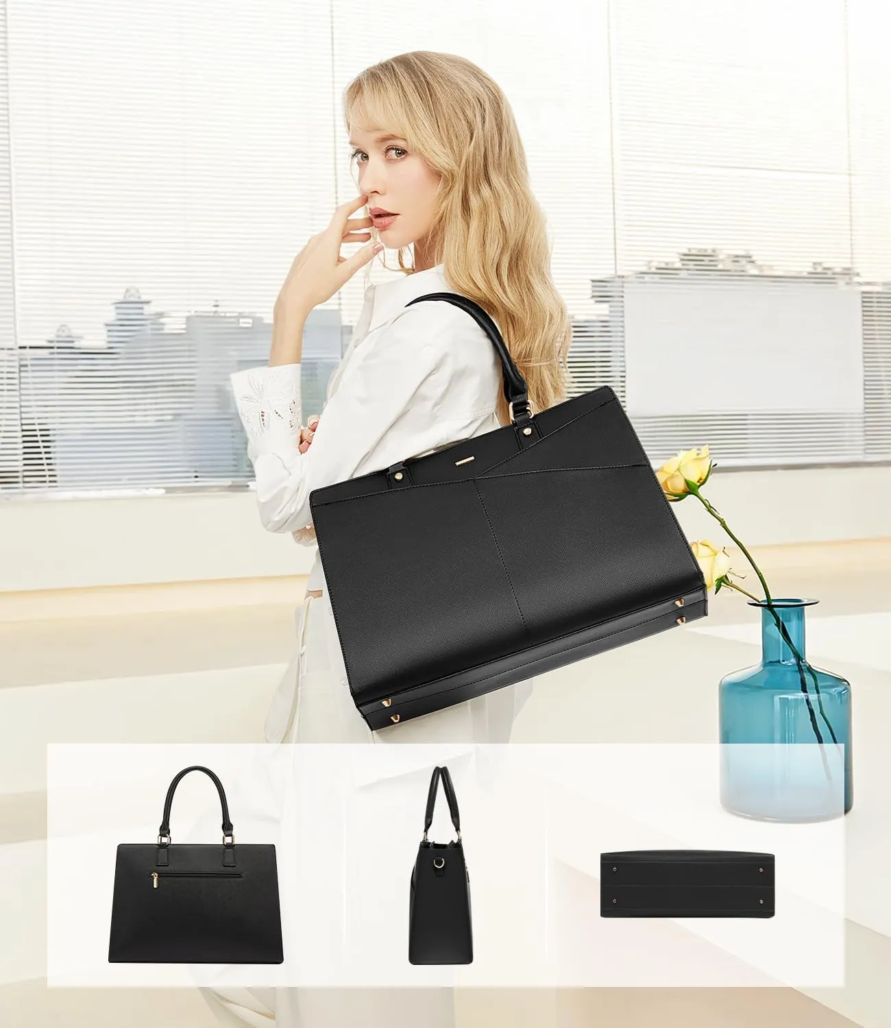 LOVEVOOK Laptop Tote Bag for Women, Leather Business Office Work Bag Computer Briefcase with Small Clutch fit for 15.6 Inch Laptop Black