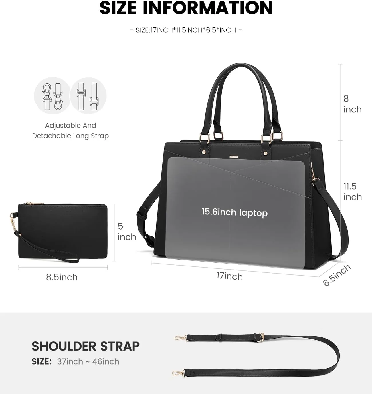 LOVEVOOK Laptop Tote Bag for Women, Leather Business Office Work Bag Computer Briefcase with Small Clutch fit for 15.6 Inch Laptop Black