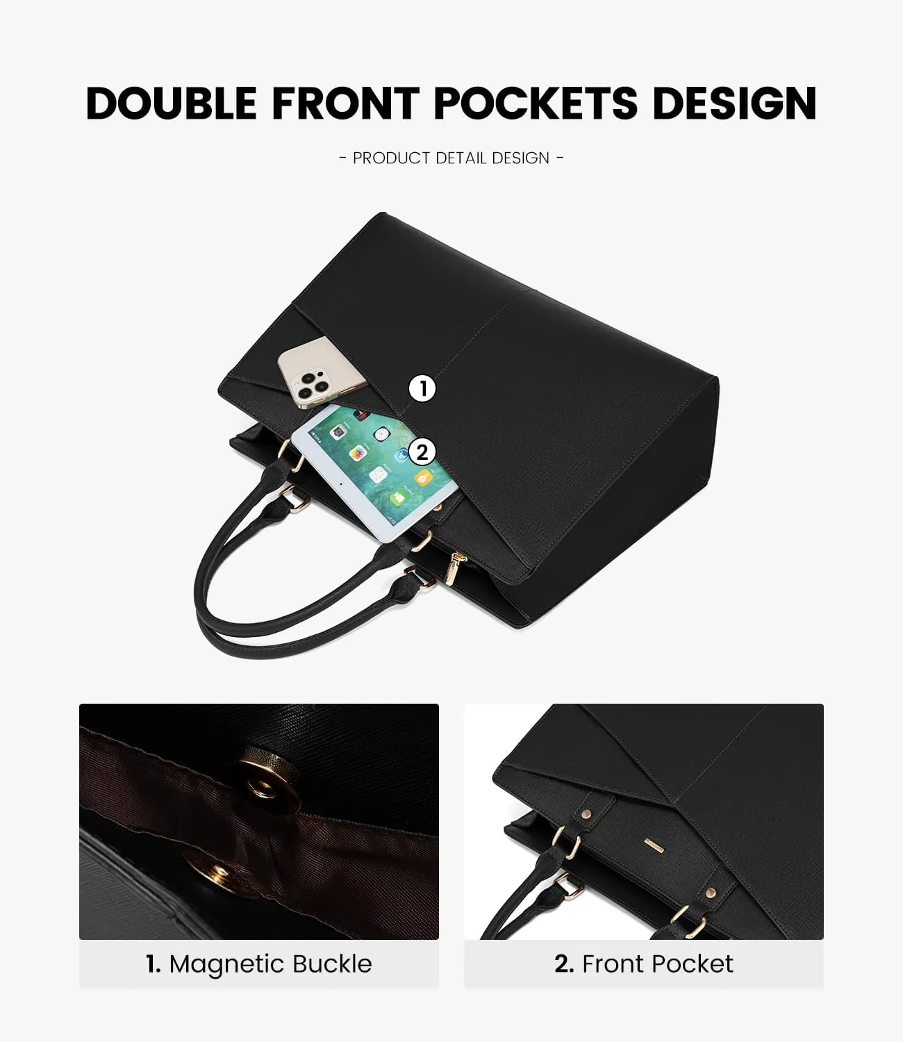 LOVEVOOK Laptop Tote Bag for Women, Leather Business Office Work Bag Computer Briefcase with Small Clutch fit for 15.6 Inch Laptop Black