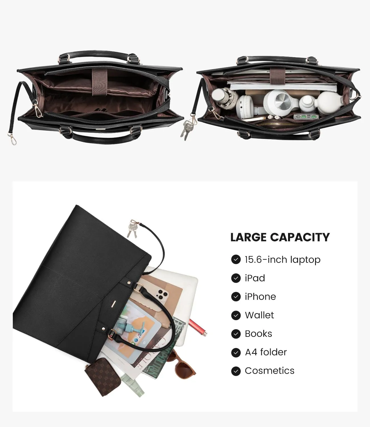 LOVEVOOK Laptop Tote Bag for Women, Leather Business Office Work Bag Computer Briefcase with Small Clutch fit for 15.6 Inch Laptop Black