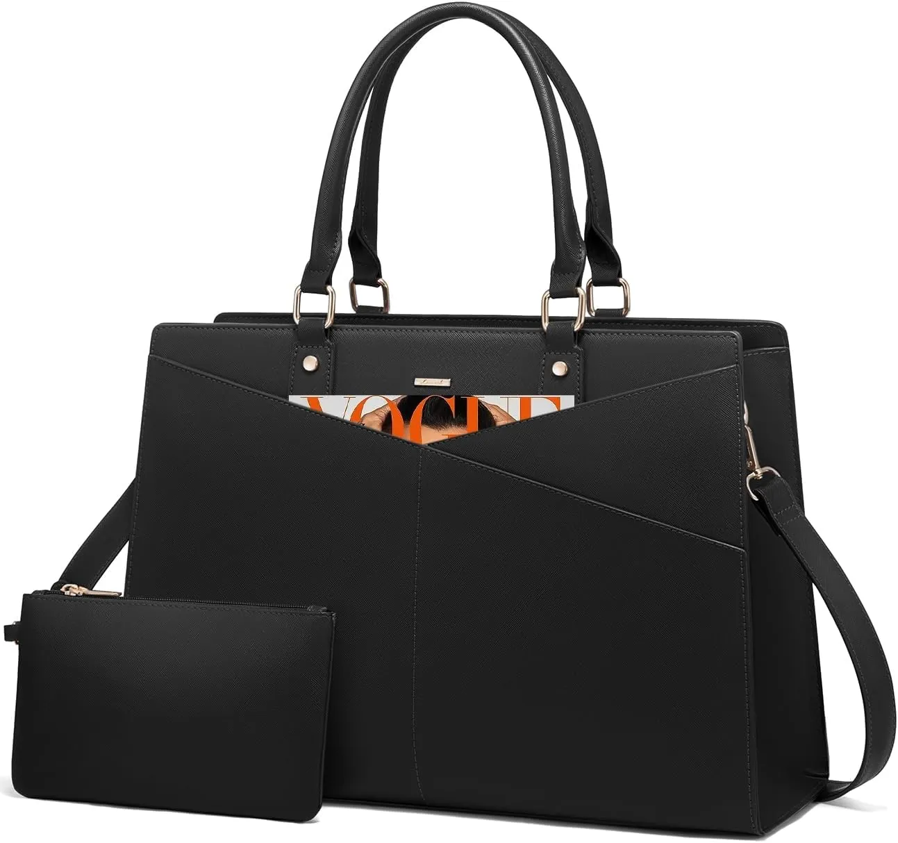 LOVEVOOK Laptop Tote Bag for Women, Leather Business Office Work Bag Computer Briefcase with Small Clutch fit for 15.6 Inch Laptop Black