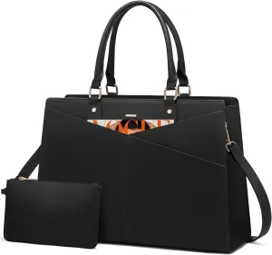 LOVEVOOK Laptop Tote Bag for Women, Leather Business Office Work Bag Computer Briefcase with Small Clutch fit for 15.6 Inch Laptop Black