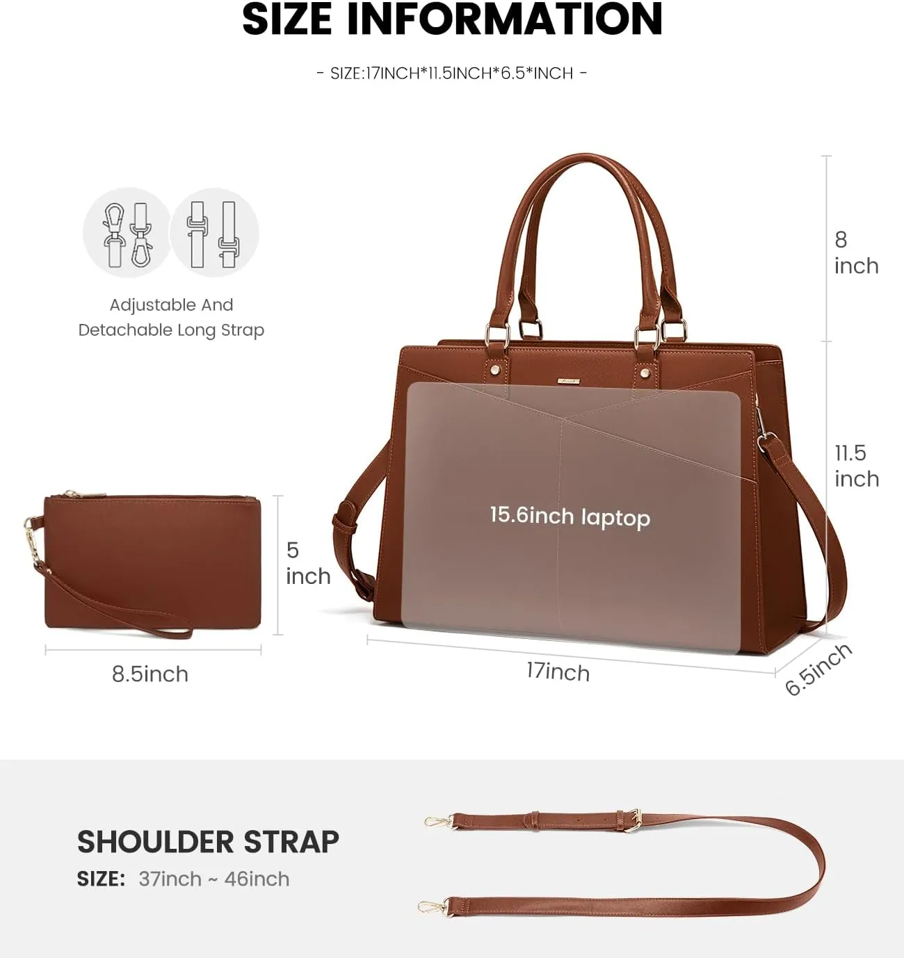 LOVEVOOK Laptop Tote Bag for Women, Leather Business Office Work Bag Computer Briefcase with Small Clutch fit for 15.6 Inch Laptop Brown