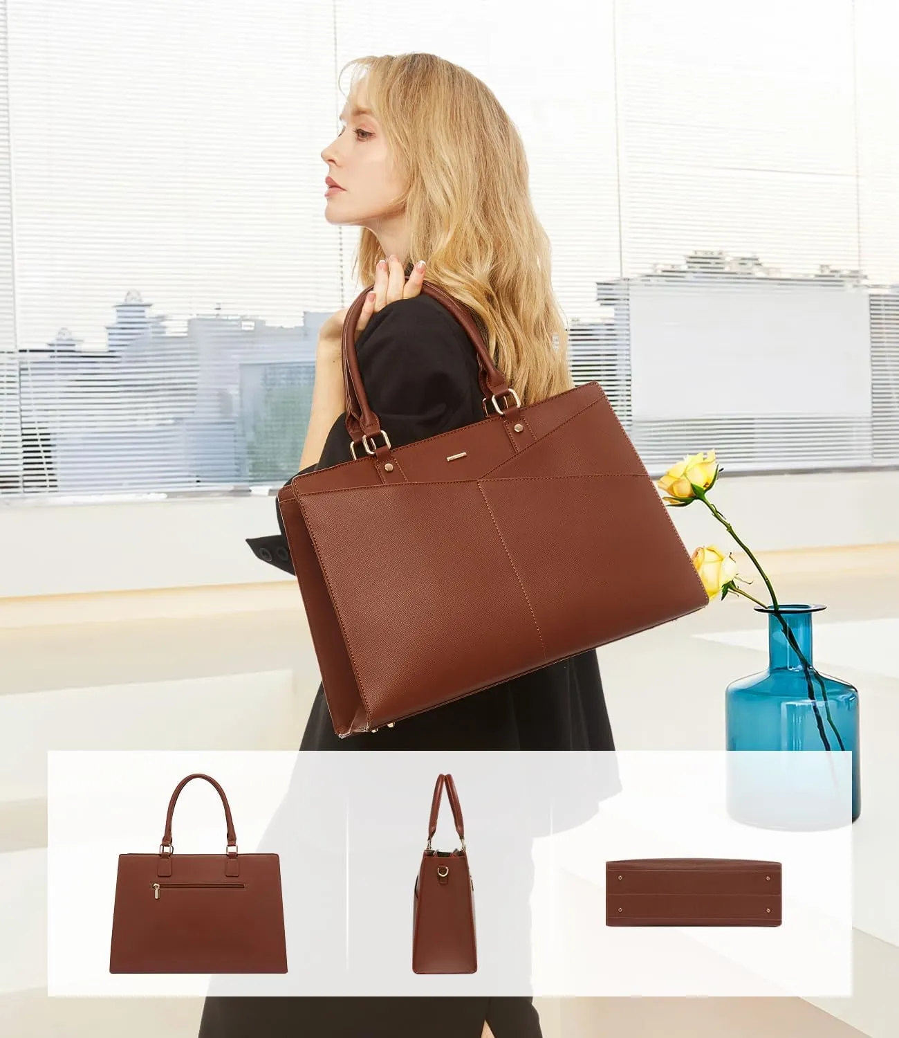 LOVEVOOK Laptop Tote Bag for Women, Leather Business Office Work Bag Computer Briefcase with Small Clutch fit for 15.6 Inch Laptop Brown