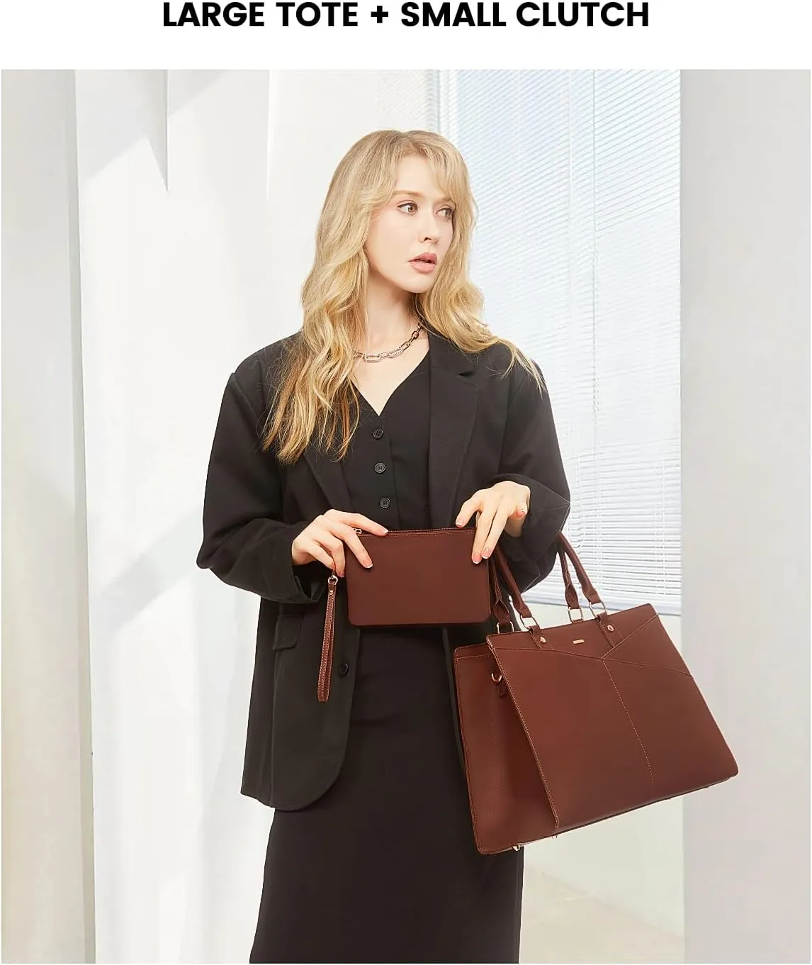 LOVEVOOK Laptop Tote Bag for Women, Leather Business Office Work Bag Computer Briefcase with Small Clutch fit for 15.6 Inch Laptop Brown