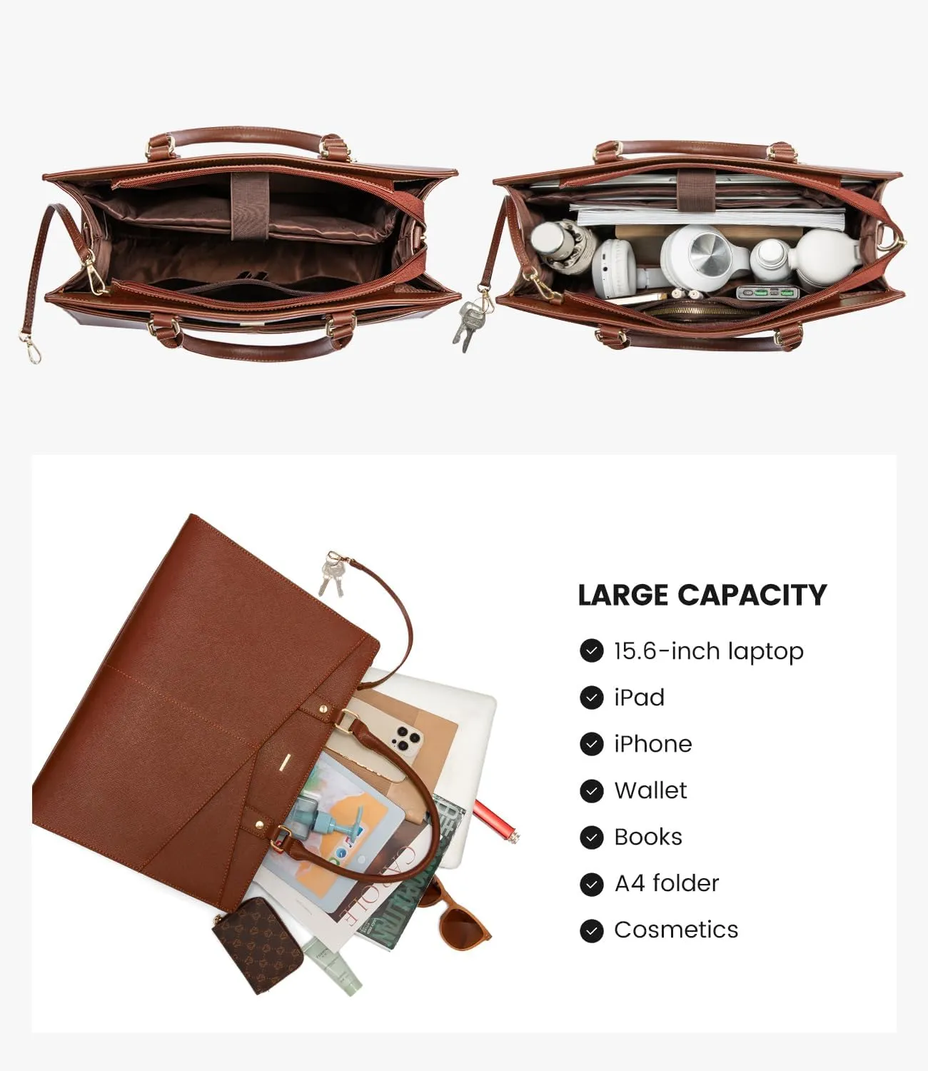 LOVEVOOK Laptop Tote Bag for Women, Leather Business Office Work Bag Computer Briefcase with Small Clutch fit for 15.6 Inch Laptop Brown