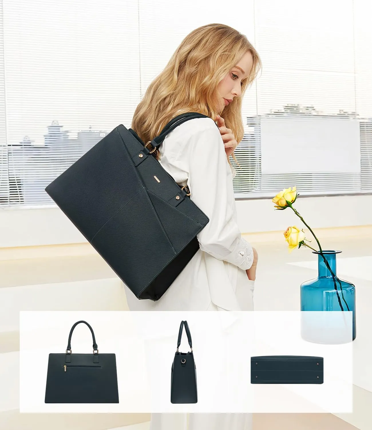 LOVEVOOK Laptop Tote Bag for Women, Leather Business Office Work Bag Computer Briefcase with Small Clutch fit for 15.6 Inch Laptop Green