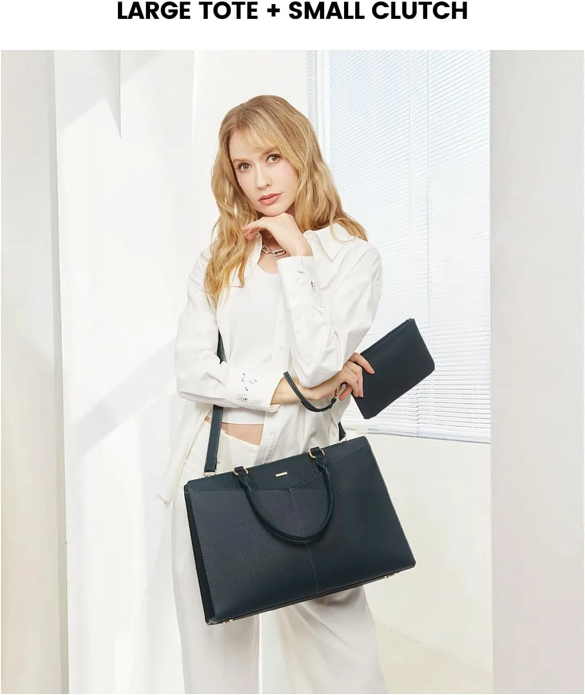 LOVEVOOK Laptop Tote Bag for Women, Leather Business Office Work Bag Computer Briefcase with Small Clutch fit for 15.6 Inch Laptop Green